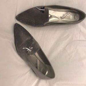 Gray textile flats with silver dragonfly detail